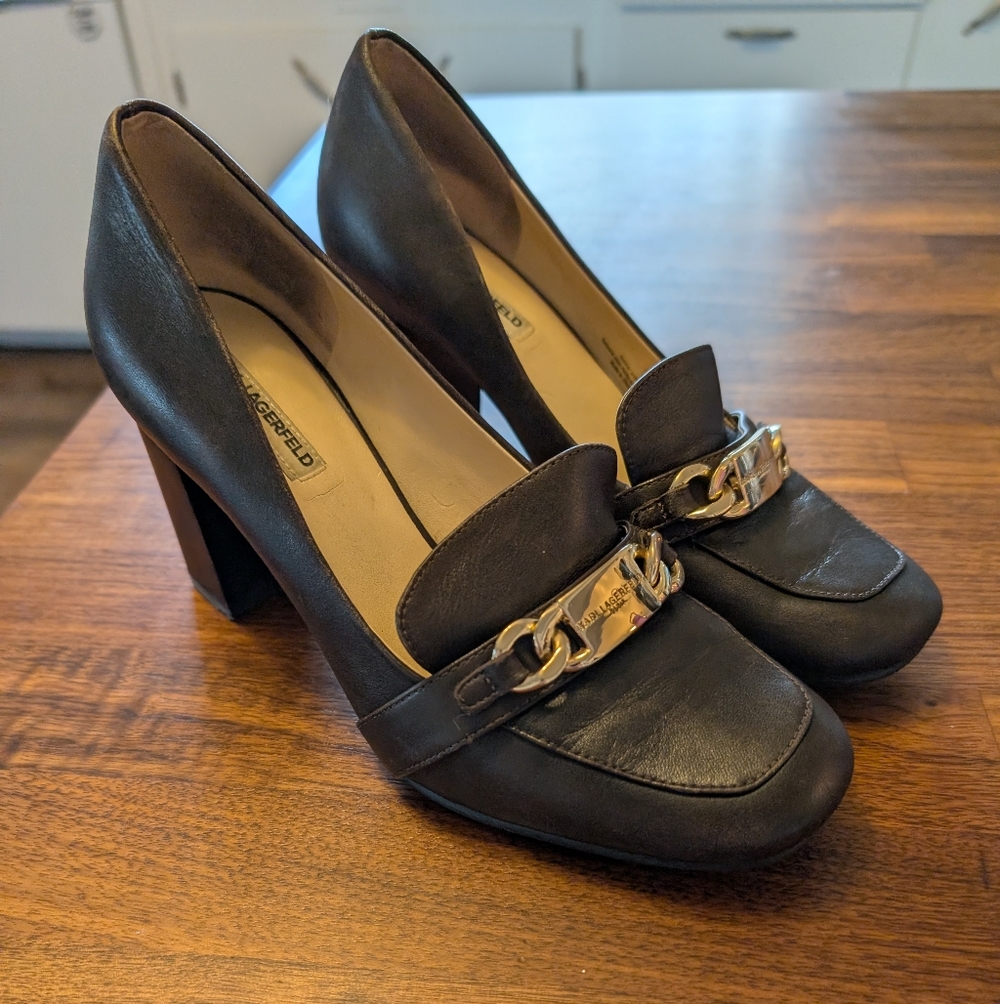 Karl Lagerfeld Brown Heels with Gold Chain Detail